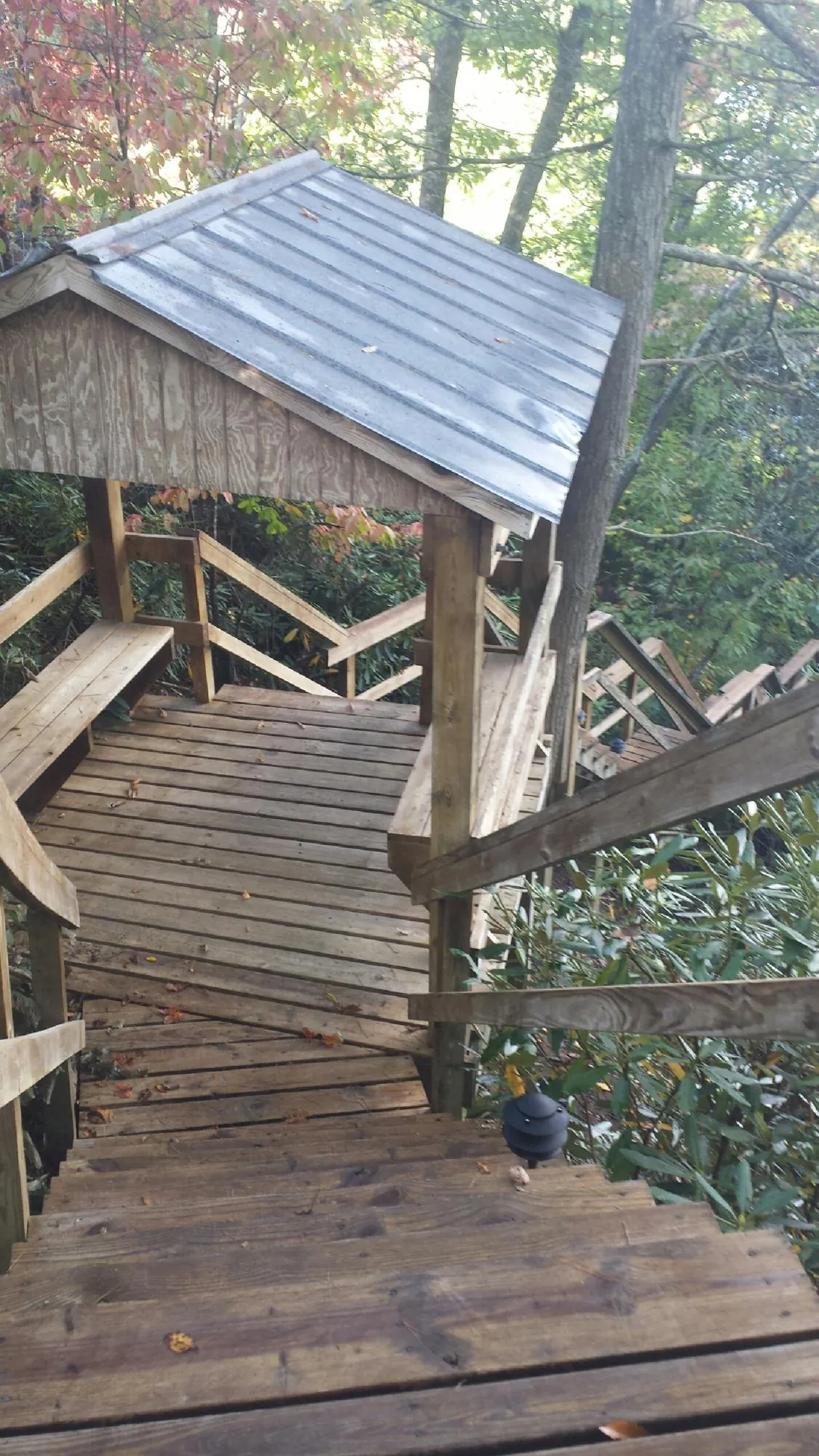 Metal roofed shelter over wooden steps on a wooded walkway — Skylight Repair & Installation work by our crew in Milltown
